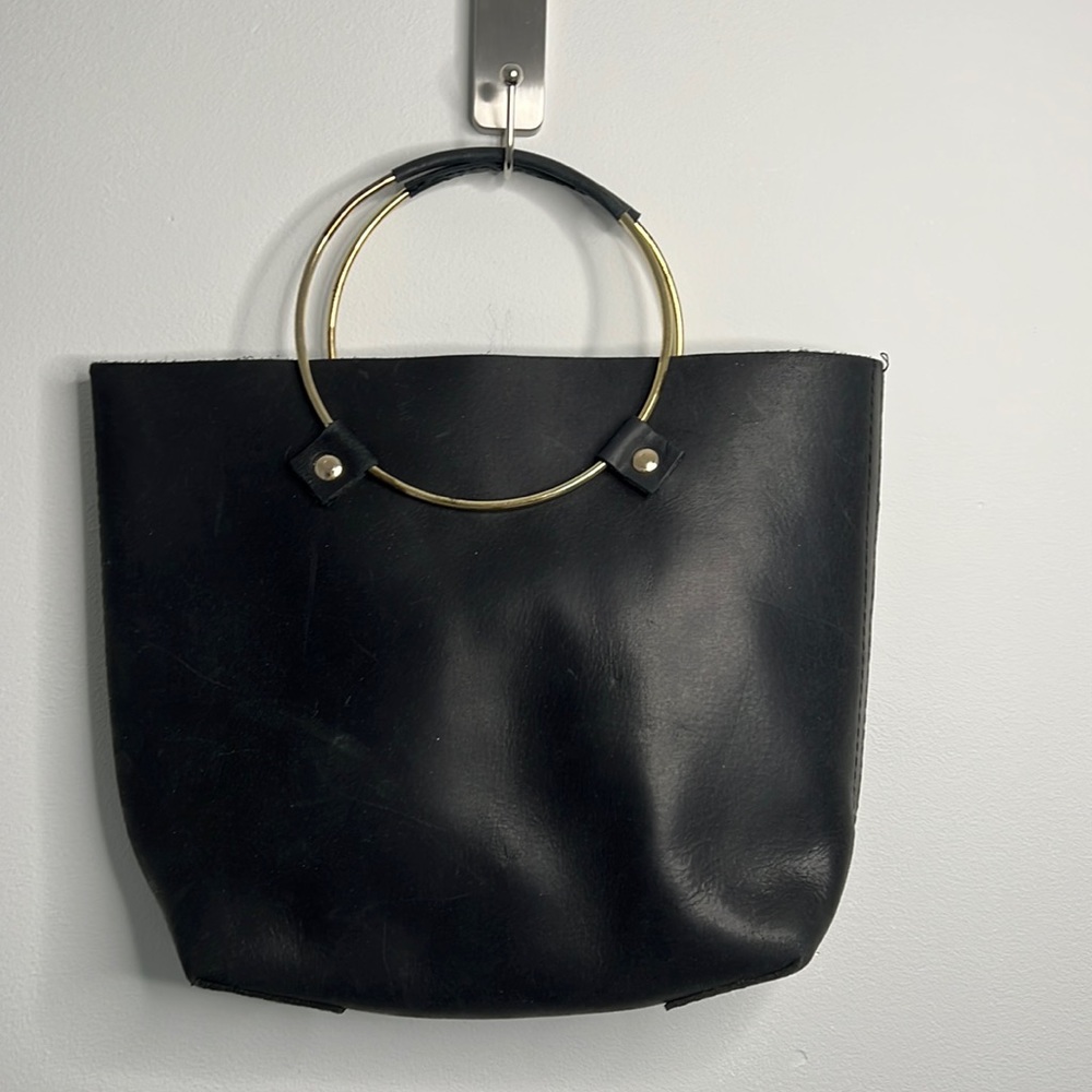 Tribe Alive Black Luxe Leather Ring Handled Mini Mod Tote Purse NWOT
